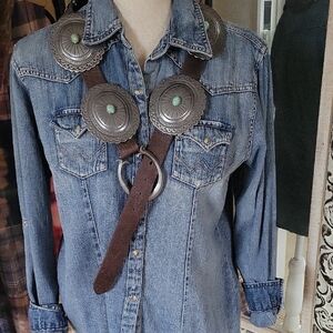 Double D Ranch Brown Leather Concho Belt with Turquoise Accents